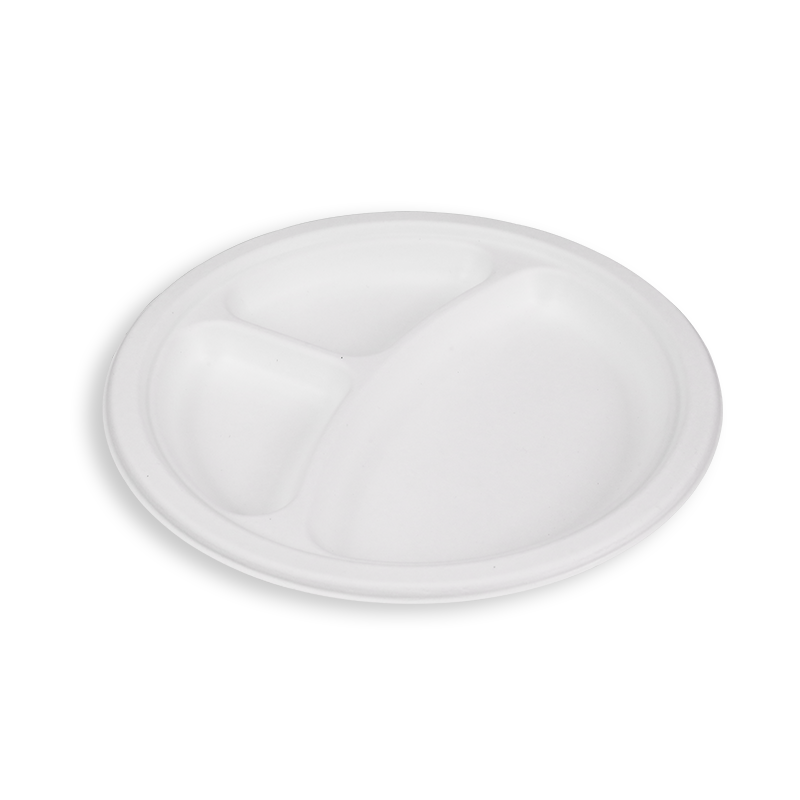 9'' Biodegradable Sugarcane Bagasse 3 Compartment Round Plates
