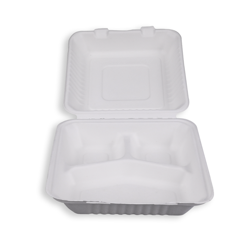 9'' Biodegradable Sugarcane Bagasse 3 Compartment Clamshells