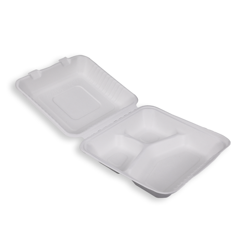 9'' Biodegradable Sugarcane Bagasse 3 Compartment Clamshells