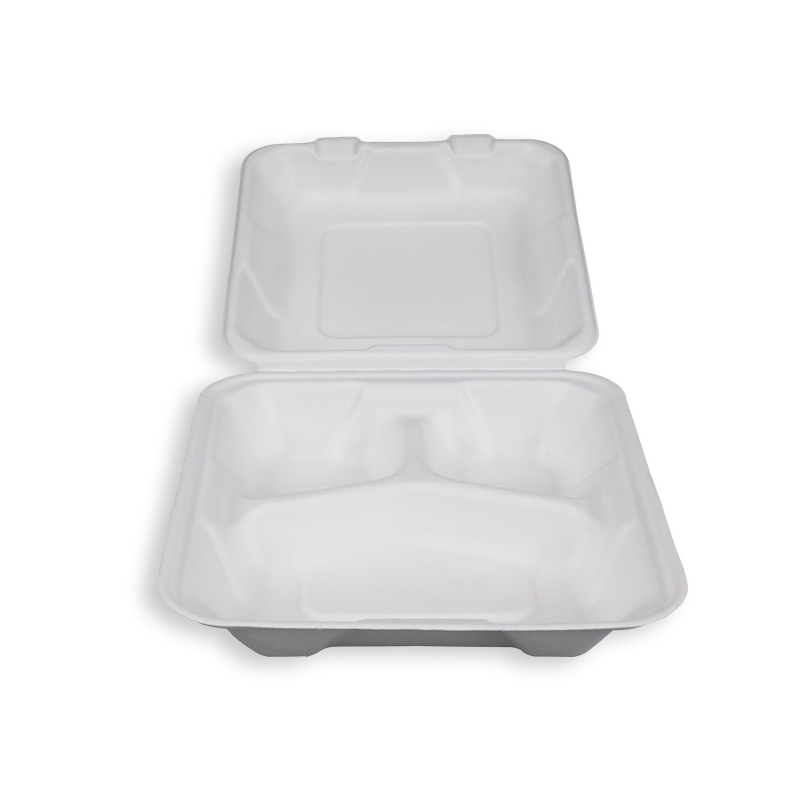 8'' Biodegradable Sugarcane Bagasse 3 Compartment Clamshells