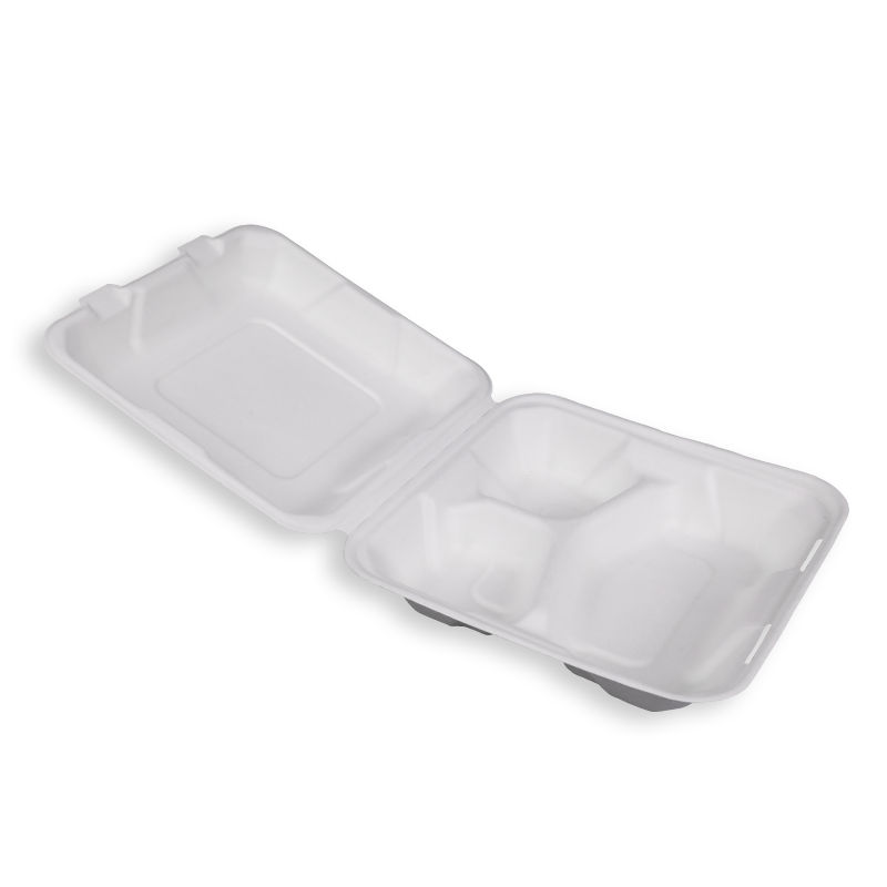 8'' Biodegradable Sugarcane Bagasse 3 Compartment Clamshells