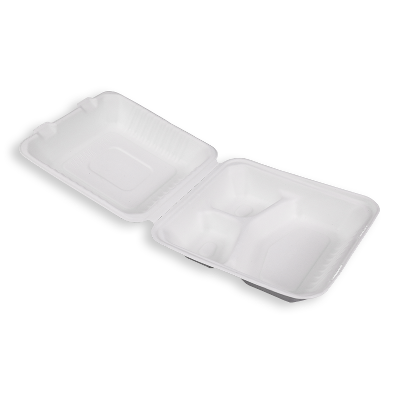 8'' Biodegradable Sugarcane Bagasse 3 Compartment Big Clamshells