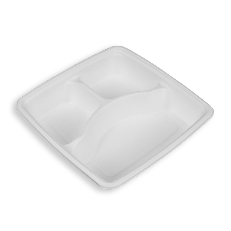 9'' Biodegradable Sugarcane Bagasse 3 Compartment Square Trays