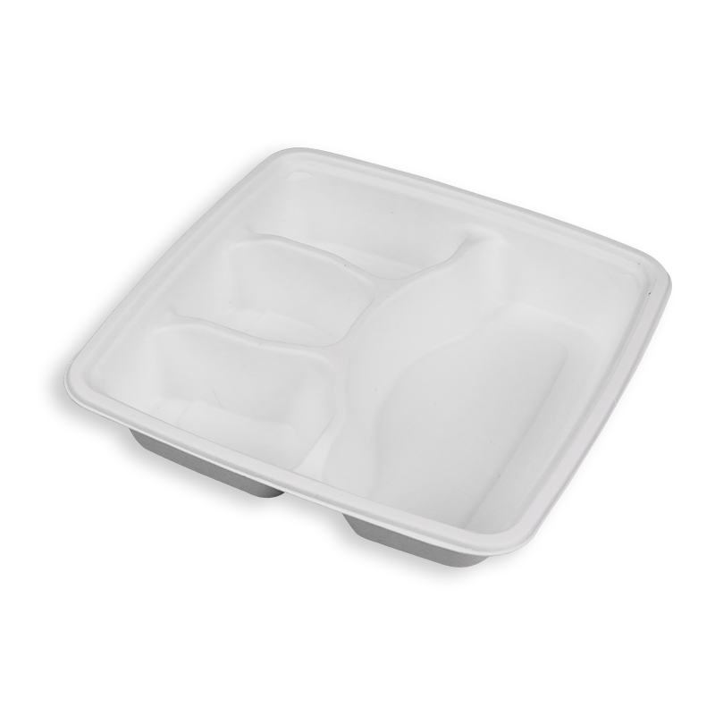 9'' Biodegradable Sugarcane Bagasse 4 Compartment Square Trays